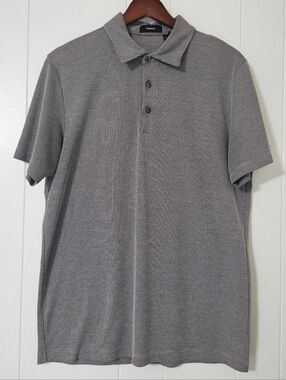 Theory Polo Shirt Mens Medium Gray Micro Check Cotton Blend Casual Golf
